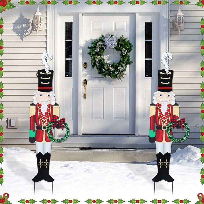 VCUTEKA Christmas Yard Sign Decorations Outdoor Christmas Nutcracker Wreath Yard Signs with Metal Stakes for Xmas Holiday Party Lawn Sign Garden Decor Outdoor Yard Signs - Image 3